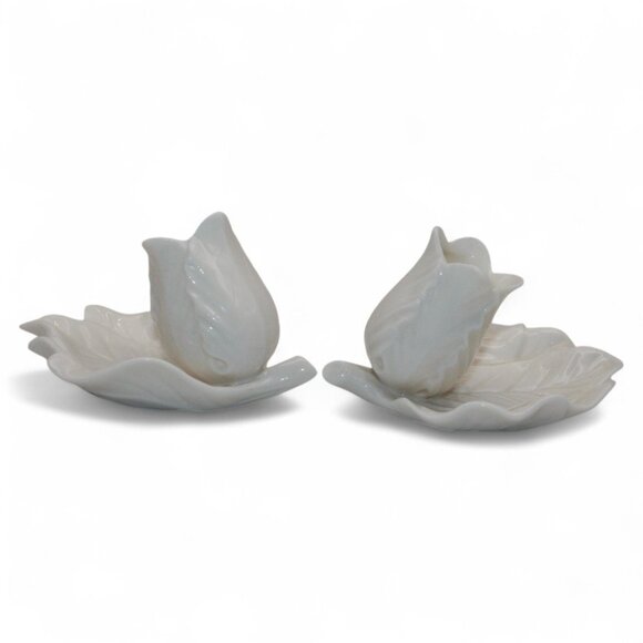 Vintage White Ceramic Tulip & Leaf Candle Holders - Picture 1 of 6
